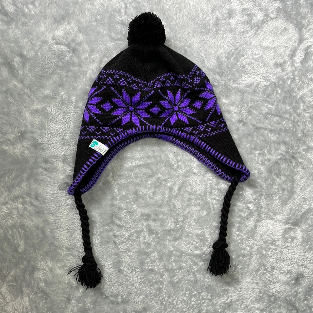 Alki’i Snow Hat in Purple and Black Snowflake Pattern with Pom